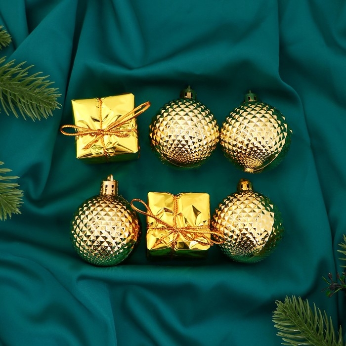 Набор украшений пластик 6 шт Набор украшений пластик 6 шт "Рассвет" (4 шара, 2 подарка) 4,5 см, золото