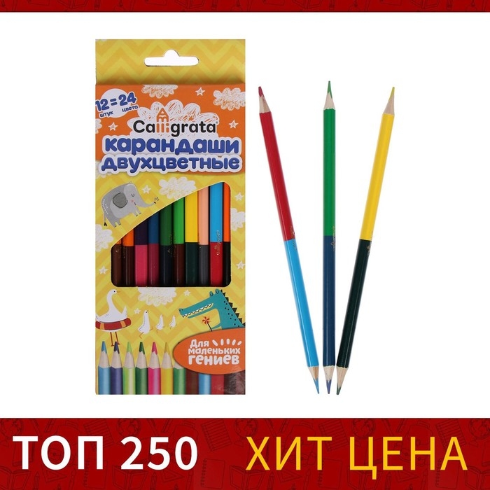Карандаши двусторонние, заточенные, 12 штук, 24 цвета, корпус треугольный, деревянный, в картонной коробке Карандаши двусторонние, заточенные, 12 штук, 24 цвета, корпус треугольный, деревянный, в картонной коробке