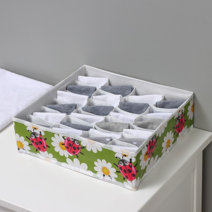 Органайзер для хранения белья Доляна «Божьи коровки», 24 ячейки, 30×33×10 см, цвет зелёный Органайзер для хранения белья Доляна «Божьи коровки», 24 ячейки, 30×33×10 см, цвет зелёный