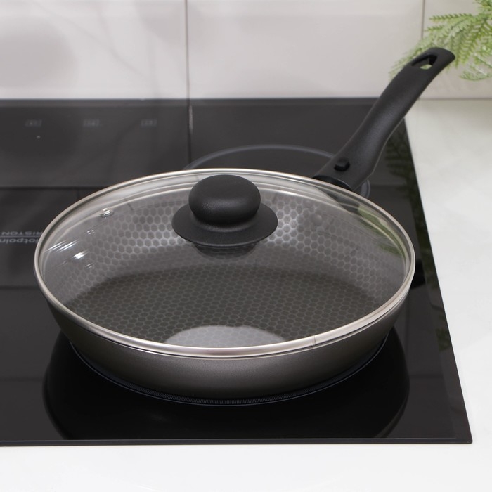 Сковорода Discovery, d=24 см, стеклянная крышка, съёмная ручка, антипригарное покрытие, цвет серый