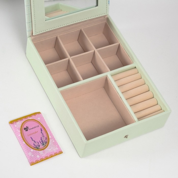 Шкатулка кожзам для украшений с зеркалом  Шкатулка кожзам для украшений с зеркалом "Динозаврики" зелёная 15х21,5х5,5 см