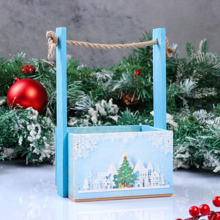 Кашпо деревянное, 15×12×8.5(25) см  Кашпо деревянное, 15×12×8.5(25) см "Пауль и Любовь. Новогоднее, Снежинки, ёлочки", с принтом