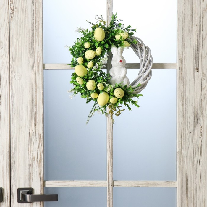 Венок на дверь интерьерный Венок на дверь интерьерный "Зайчик пасхальный" жёлтый d=29 см