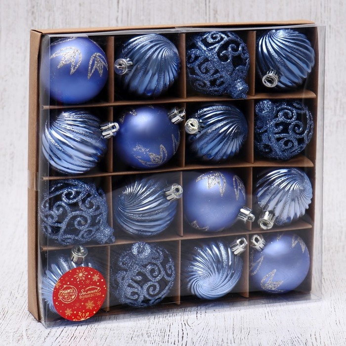 Набор шаров пластик d-6 см, 16 шт Набор шаров пластик d-6 см, 16 шт "Руби узоры" сине-сиреневый