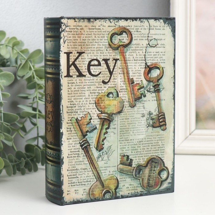 Шкатулка-книга дерево, кожзам  Шкатулка-книга дерево, кожзам "Ключи и газета" 4,5х13х18 см