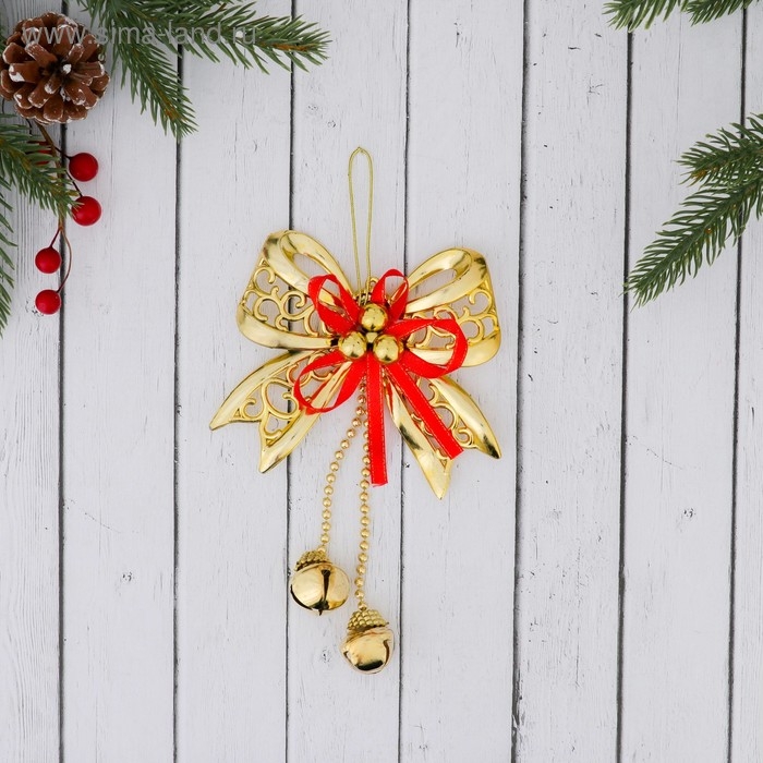 Ёлочная игрушка «Зимнее волшебство. Бантик с бубенчиками» пластик, 11,5х10 см, золотисто-красный Ёлочная игрушка «Зимнее волшебство. Бантик с бубенчиками» пластик, 11,5х10 см, золотисто-красный
