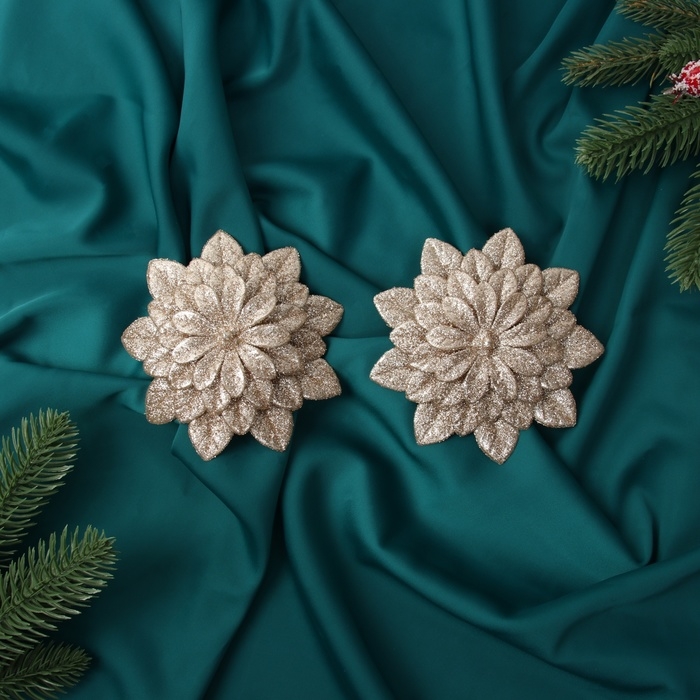 Украшение ёлочное Украшение ёлочное "Цветы многослойные блеск" (набор 2 шт) на зажимах, 11х11 см, золото