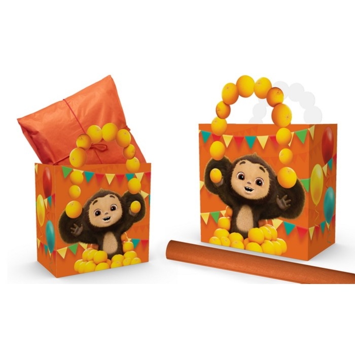 Пакет подарочный с упаковочной бумагой тишью, 22х22х12 см, Чебурашка Пакет подарочный с упаковочной бумагой тишью, 22х22х12 см, Чебурашка