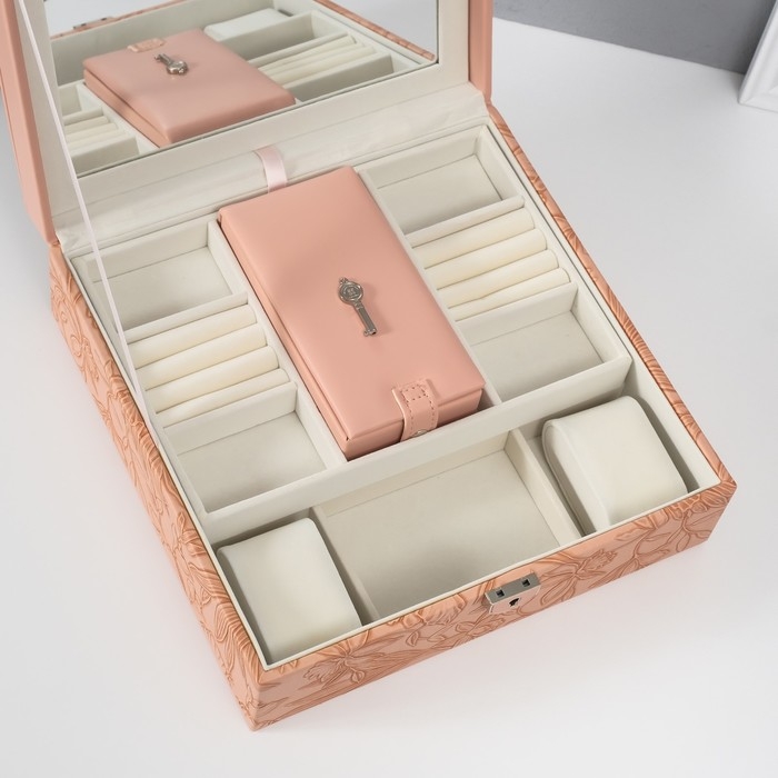 Шкатулка кожзам для украшений "Цветы" тиснение, розовая 25х25х8 см