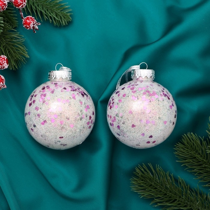 Набор шаров пластик d-8 см, 2 шт Набор шаров пластик d-8 см, 2 шт "Сияние" сердца, перламутр