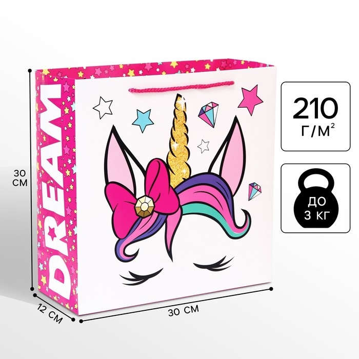 Пакет подарочный, 30х30х12 см, упаковка, Минни Маус и Единорог