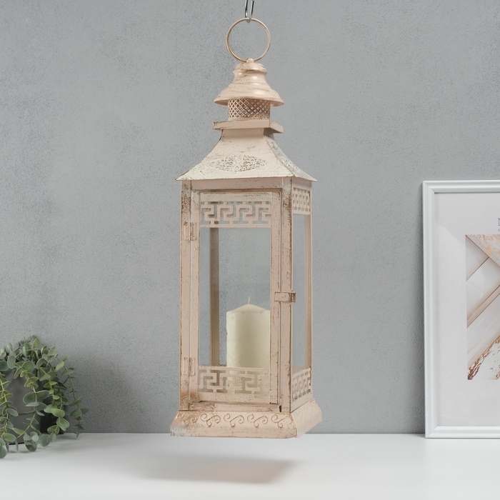 Подсвечник металл, стекло на 1 свечу фонарик Подсвечник металл, стекло на 1 свечу фонарик "Ажурный ромб" белый с патиной 52,5х17,5х17,5см 54492