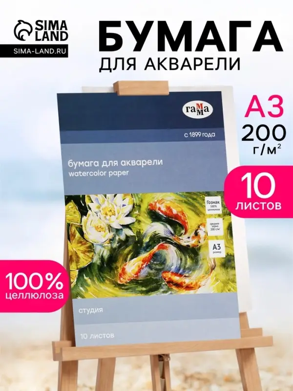 Бумага для акварели в папке А3, 10 листов, Гамма &laquo;Студия&raquo;, 200 г/м&sup2;, среднее зерно