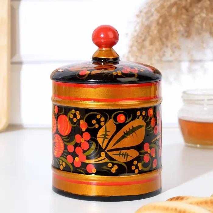 Банка для хранения сыпучих продуктов, кадочка, средняя, 9&times;14 см, дерево, хохлома, МИКС
