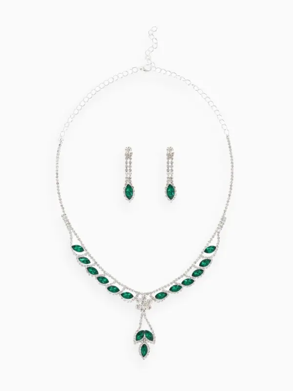 Набор 2 предмета: серьги, колье &laquo;Листопад&raquo;, ромб, изумрудно-белый в серебре, 45 см