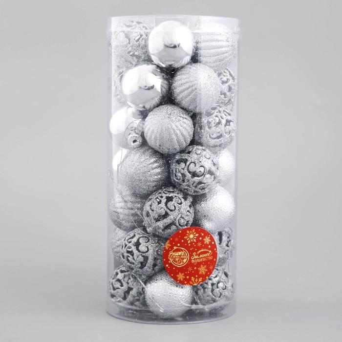 Набор шаров пластик d-4 см, 35 шт Набор шаров пластик d-4 см, 35 шт "Феерия" серебро