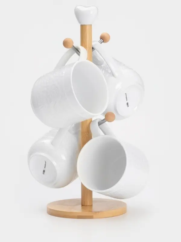 Набор кружек на деревянной подставке BellaTenero, 4 предмета: 400 мл, 12.5&times;8.7&times;9.7 см, фарфор, белый