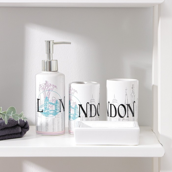 Набор аксессуаров для ванной комнаты «Города», 4 предмета (дозатор 270 мл, мыльница 2 стакана), цвет МИКС