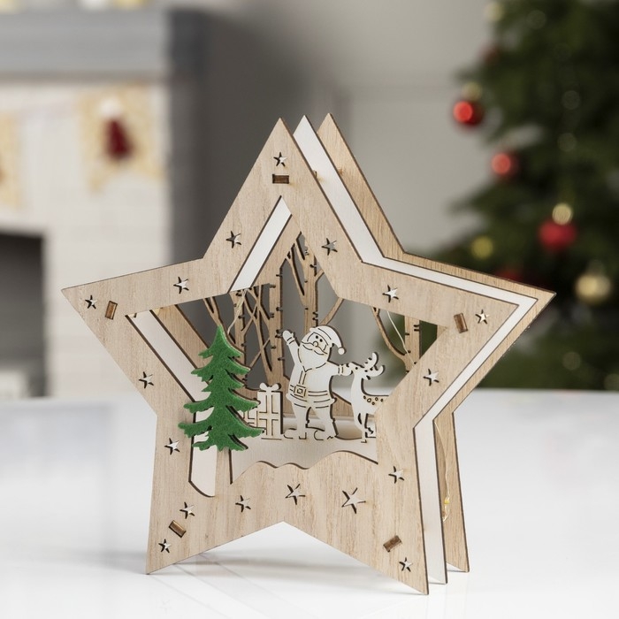Светодиодная фигура «Звезда с Дедом Морозом» 17 × 17 × 4 см, дерево, батарейки АААх2 (не в комплекте), свечение тёплое белое Светодиодная фигура «Звезда с Дедом Морозом» 17 × 17 × 4 см, дерево, батарейки АААх2 (не в комплекте), свечение тёплое белое