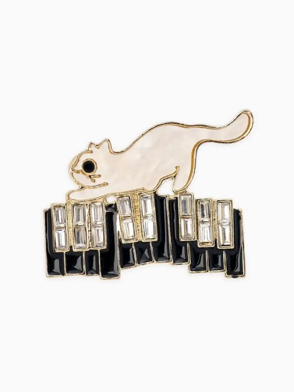 Брошь перламутровый Брошь перламутровый "Котёнок" с пианино, цвет чёрно-белый в золоте