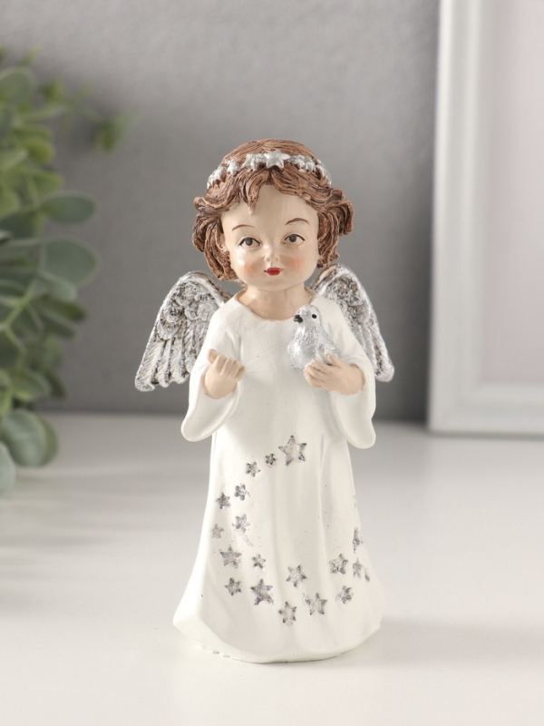 Сувенир полистоун "Ангелочек в платье со звёздами, с голубем 7х5х13 см