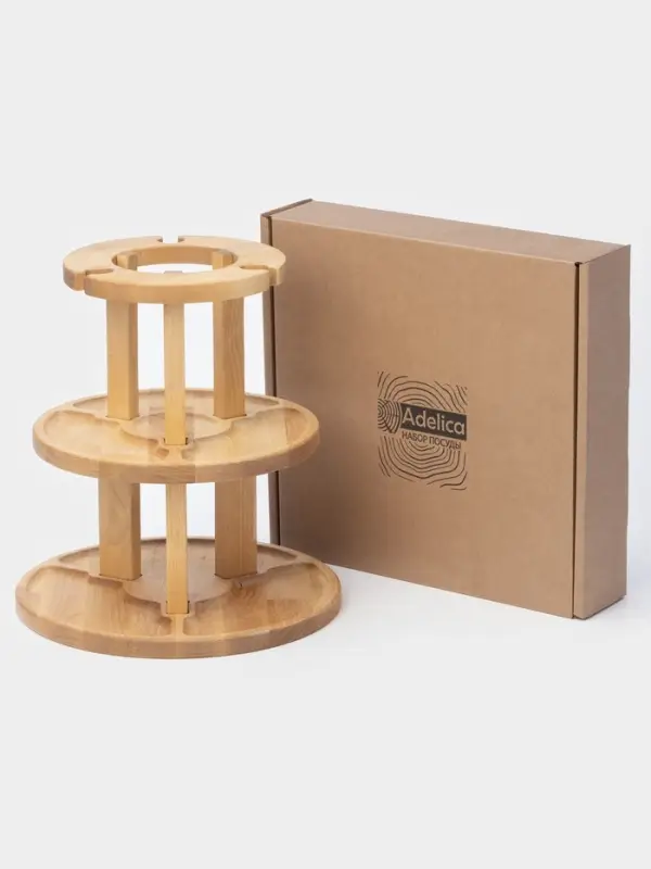 Менажница Adelica, 3-х ярусная с подставкой для вина, d=30&times;1.8 см, d=26&times;1.8 см, d=20&times;1.8 см, дерево берёза, в подарочной коробке