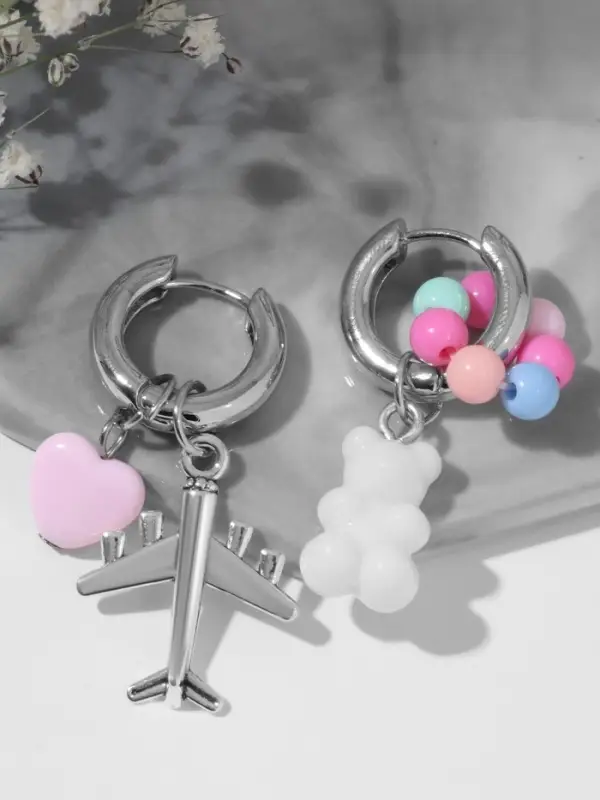 Серьги со съёмным элементом &laquo;Трансформер&raquo;, мишка и сердце, цветные в серебре