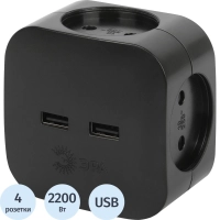 Разветвитель ЭРА SP-4-USB-B (4р 220V + 2xUSB 2400mA/без заземл/10А, черный)
