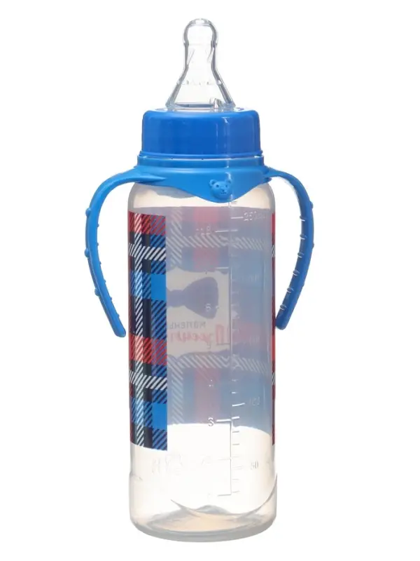 Бутылочка для кормления малыша M&B &laquo;Маленький джентльмен&raquo;, классическое горло, с ручками, от 3 мес., 250 мл., синяя