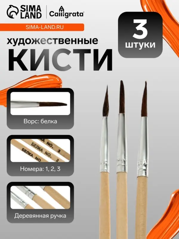 Набор кистей для рисования, белка, 3 штуки: № 1, 2, 3, круглые, деревянная ручка, международный размер