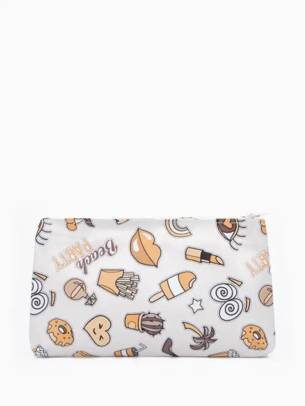 Косметичка - пенал на молнии, плоская, маленькая, с принтом, белая=