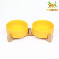 Миски двойные на подставке, 2&times;450 мл, 28.5&times;15.5&times;7 см, керамика, жёлтая