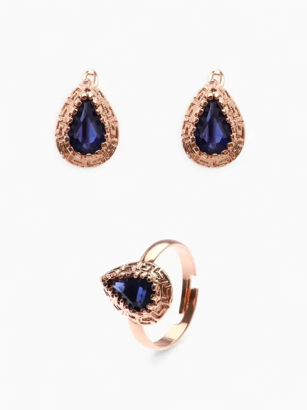 Гарнитур 3 предмета: серьги, кулон, кольцо безразмерное &laquo;Эдель&raquo;, капля, тёмно-синие в золоте, 45 см