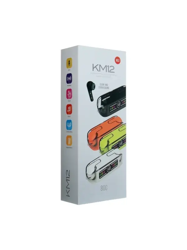 Наушники беспроводные KM12, TWS, вкладыши, Bluetooth 5.0, 30/200 мАч, белые в прозрачном кейсе