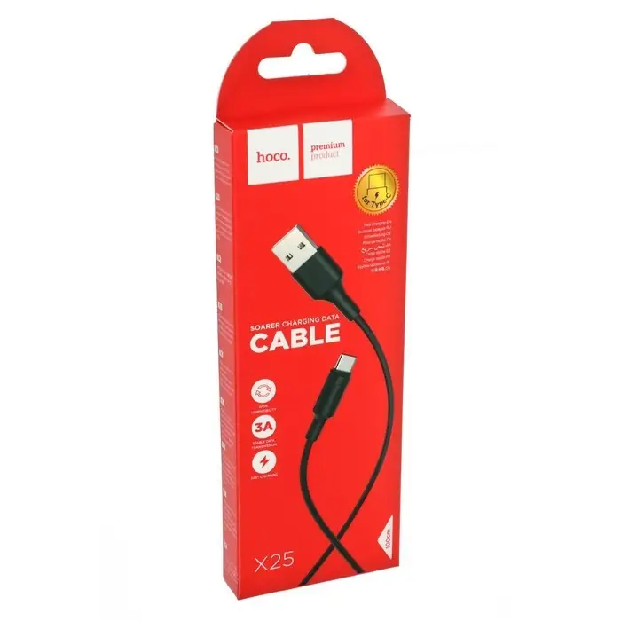 Кабель Hoco X25, Type-C - USB, 3 А, 1 м, PVC оплетка, чёрный