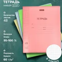 Комплект 12 тетрадей, 48 листов в клетку, 60 г, 12 цветов, пластиковая обложка