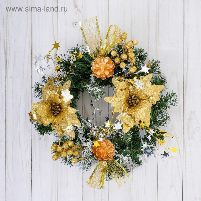 Венок новогодний d-24 см  Венок новогодний d-24 см "Цветы и шишки" золото