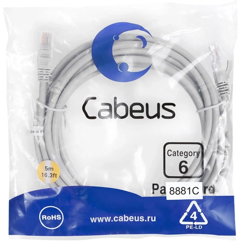 Патч-корд Cabeus PC-UTP-RJ45-Cat.6-5m-LSZH U/UTP, cat.6, 2xRJ45, серый