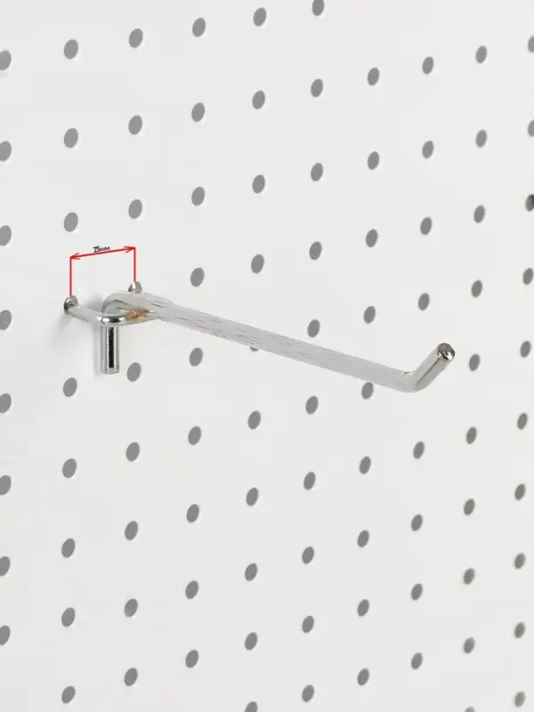 Крючок одинарный для металлической перфорированной панели, d=6 мм, L=15 см, шаг 25 мм, цвет хром