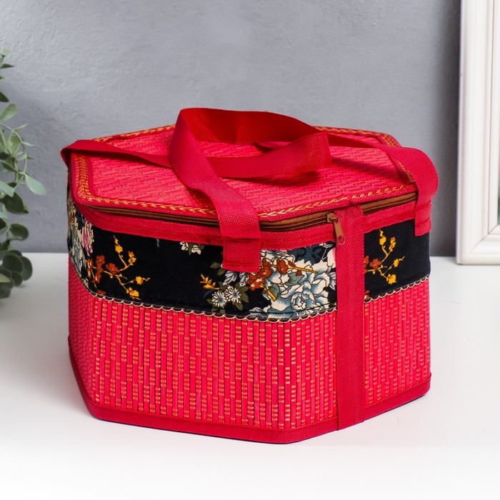 Шкатулка бамбук Шкатулка бамбук "Цветы на чёрном" красная, с ручками, молния 16х24х28 см