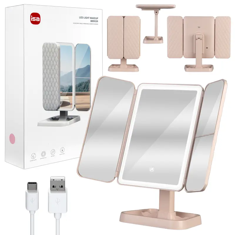 Настольное зеркало для макияжа с подсветкой ML-02 ISA розовое (14 шт/кор)