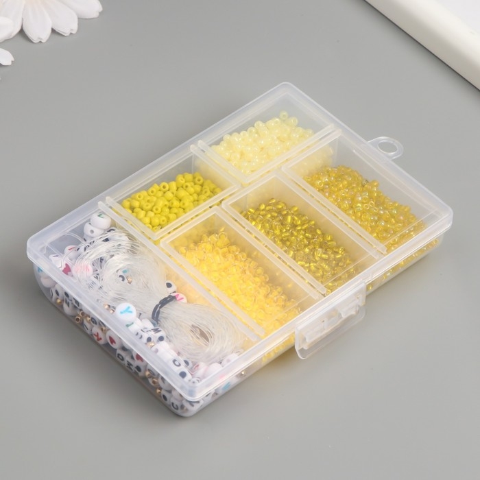 Бисер стекло 8/0 в шкатулке  Бисер стекло 8/0 в шкатулке "Жёлтый" бусины + нить 0,8 мм 5 м 12х8,4х2,2 см