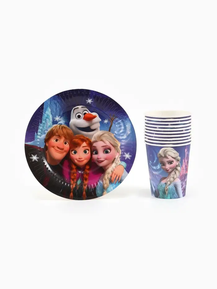 Посуда одноразовая бумажная на 10 персон: стаканы, тарелки, скатерть, Снежная принцесса