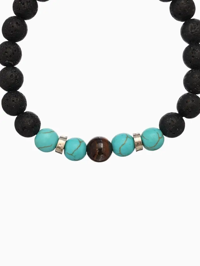 Браслет "Вулкан" камень пирит, лава, длина 18 см, цв. чёрный, бирюзовый