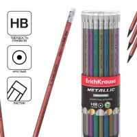 Карандаш чернографитный с ластиком ErichKrause «Metallic», HB, грифель d=2.2 мм, пластик, круглый в тубусе, металлик МИКС