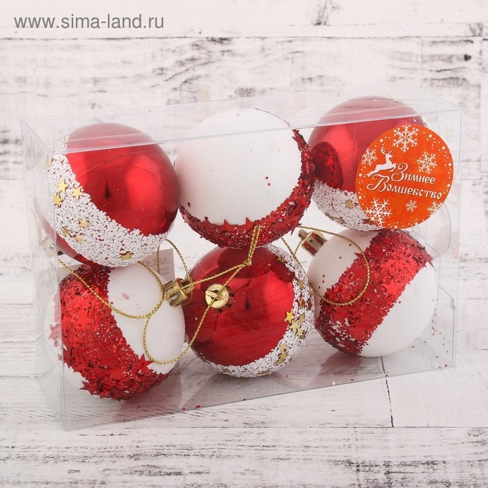 Набор шаров пластик d-6 см, 6 шт Набор шаров пластик d-6 см, 6 шт "Звёздный поясок" красно-белый