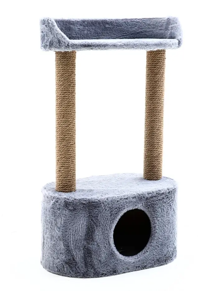 Домик для кошек с когтеточкой, овальной полкой, джут, 51×31×87 см, серый