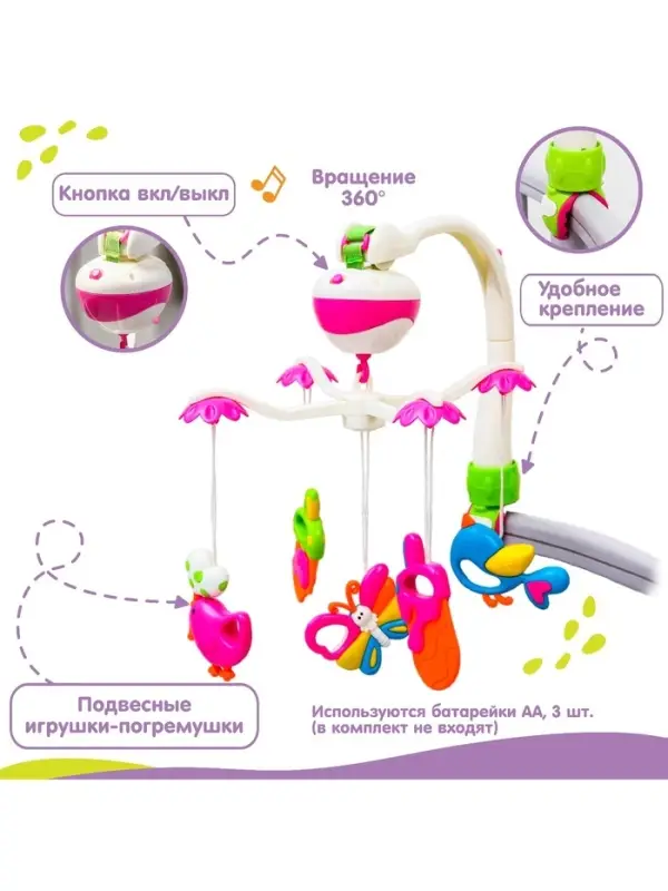 Мобиль музыкальный на кроватку Крошка Я &laquo;Полянка&raquo;, на батарейках