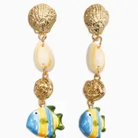 Серьги "Морской мир" рыбы с ракушками, цвет бело-зеленый в золоте