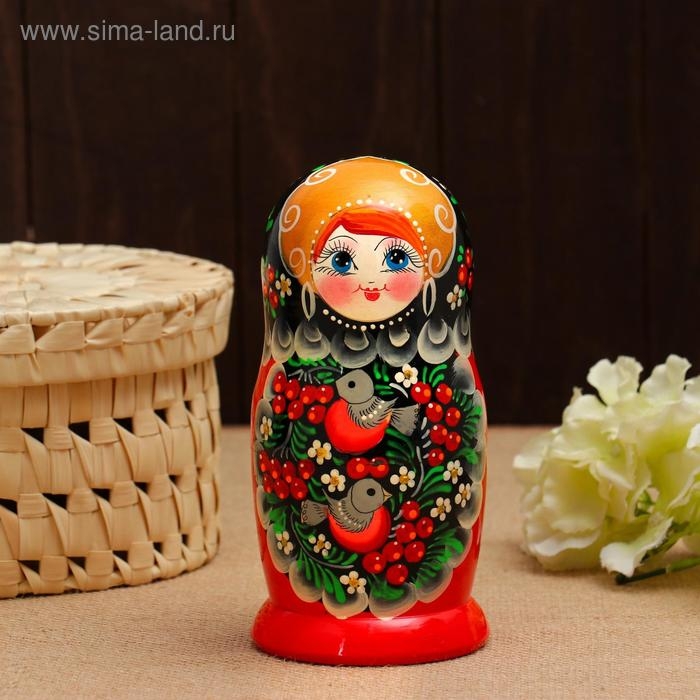 Матрёшка «Снегири в рябине», чёрный платок, 5 кукольная, 15 -18 см Матрёшка «Снегири в рябине», чёрный платок, 5 кукольная, 15 -18 см